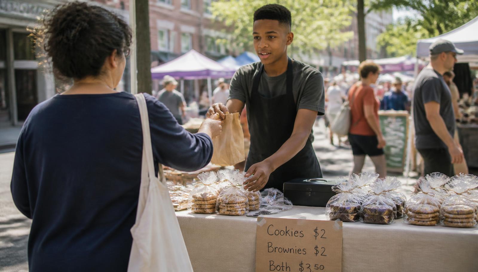 A teenage boy in an apron hands a paper bag across a bake sale table to a customer, with bags of cookies and a hand-lettered price sign.