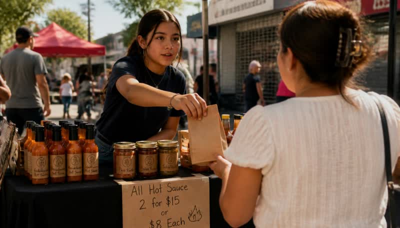 A teenage girl hands a paper bag across a table of hot sauce bottles and salsa jars with handmade labels.