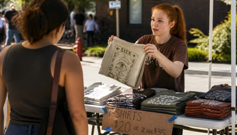 A teenage girl with a red ponytail holds up a screen-printed t-shirt for a customer at a market table stacked with folded shirts.