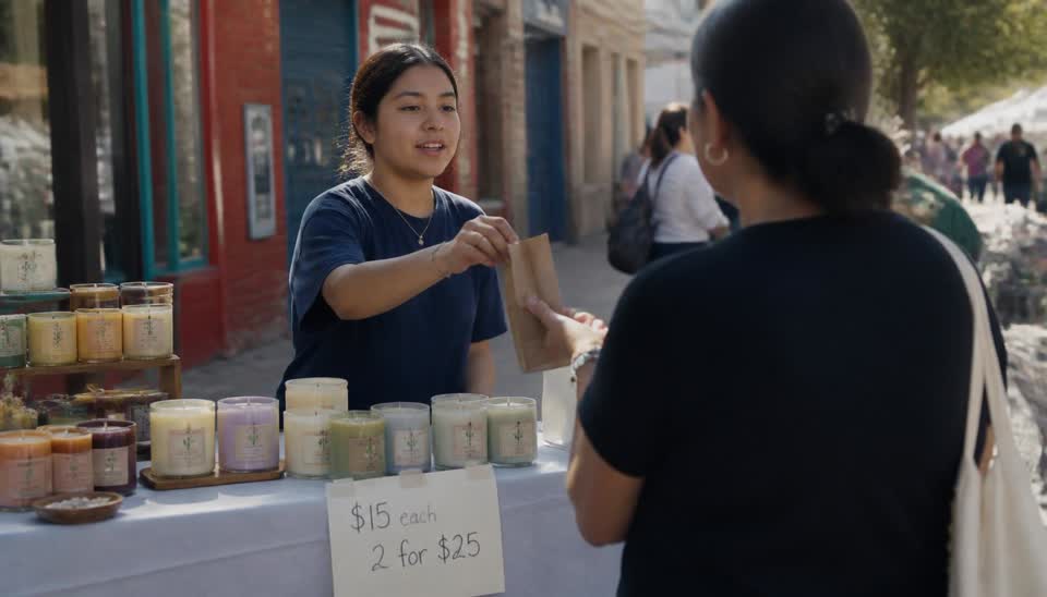A teenage girl hands a paper bag to a customer across a market table covered with rows of jarred candles and a hand-written price sign.